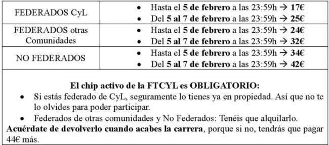 Tarifas para la competición.