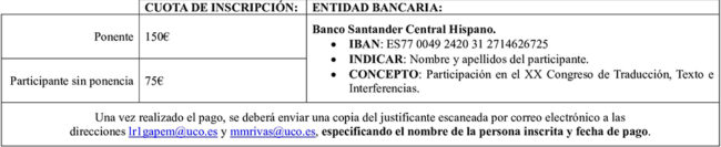 Inscripción para el XX Congreso Internacional de Traducción, Texto e Interferencias.
