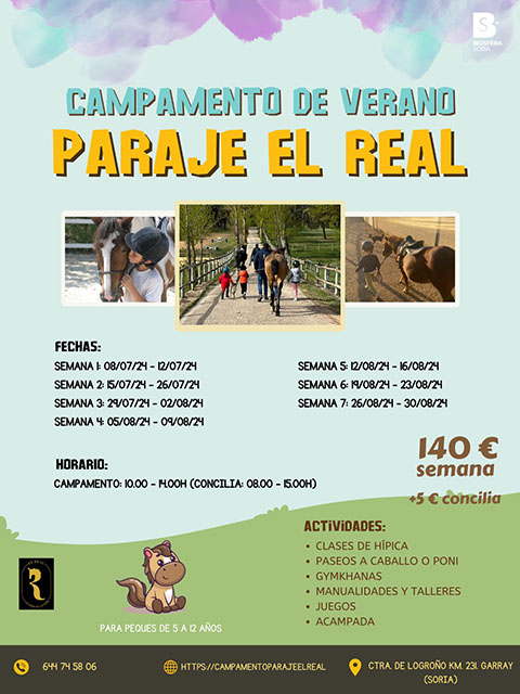 Cartel publicitario para el campamento de día en Paraje el Real.